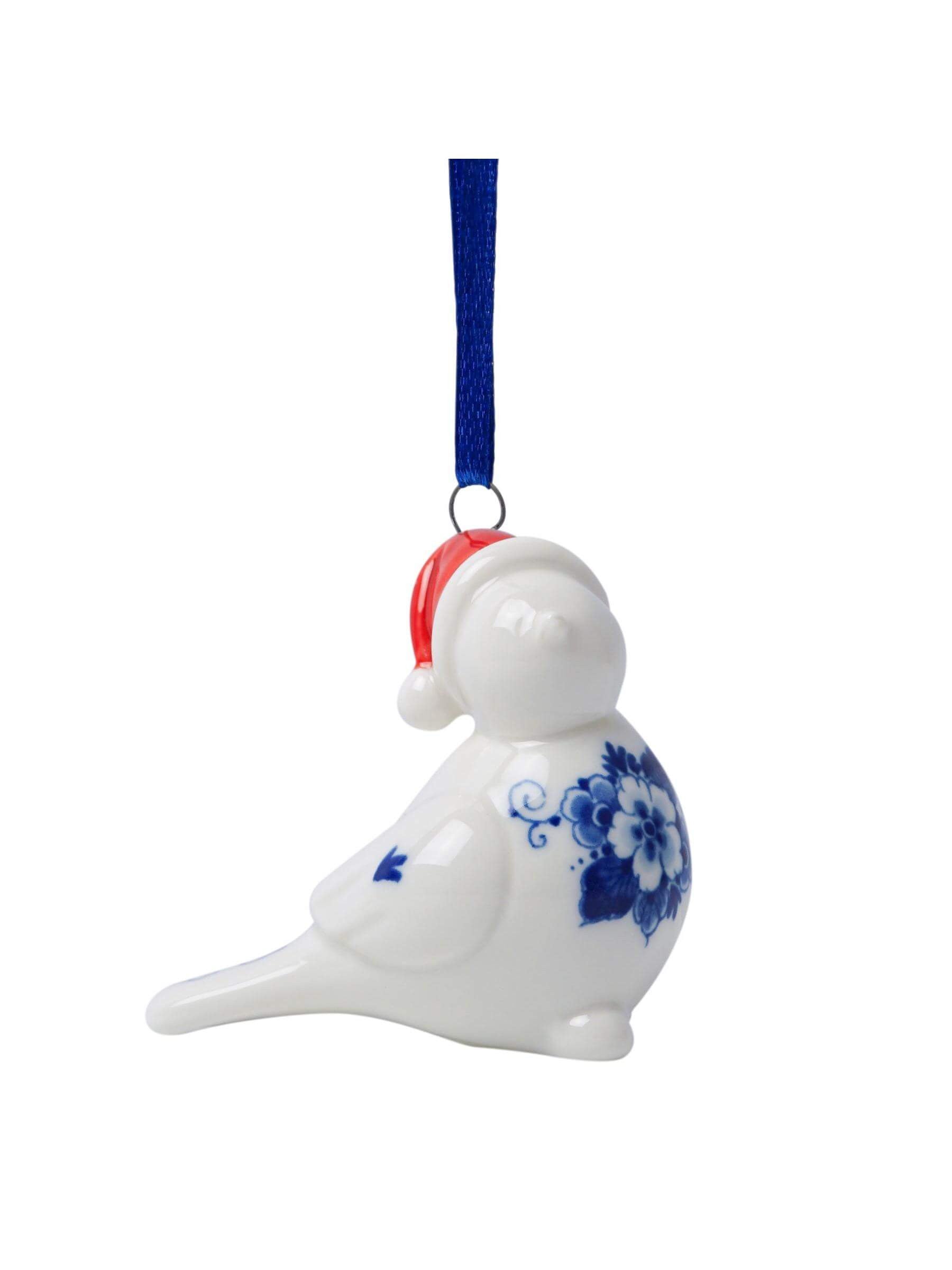 Heinen Delftsblauw - Kerstornament vogel met kerstmuts (1)