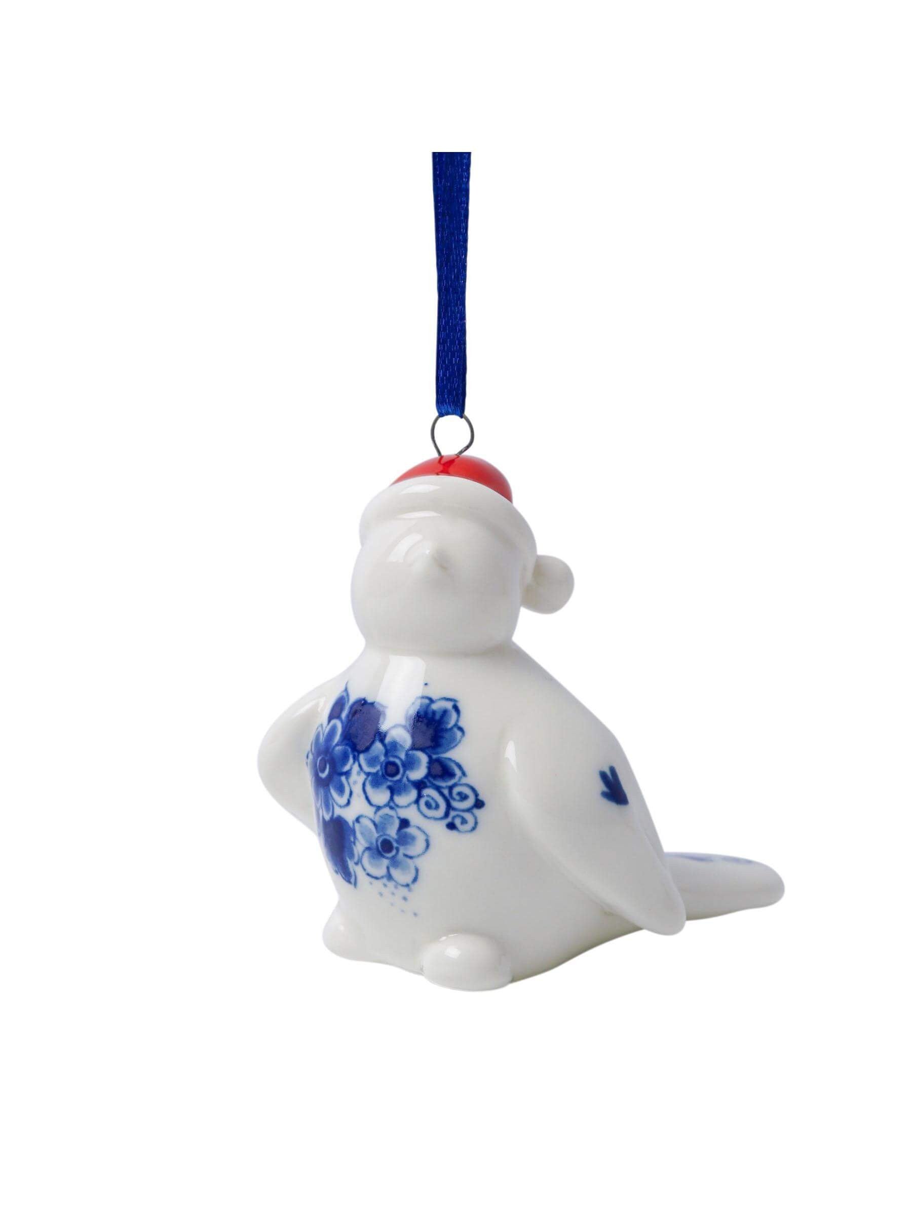 Heinen Delftsblauw - Kerstornament vogel met kerstmuts (2)